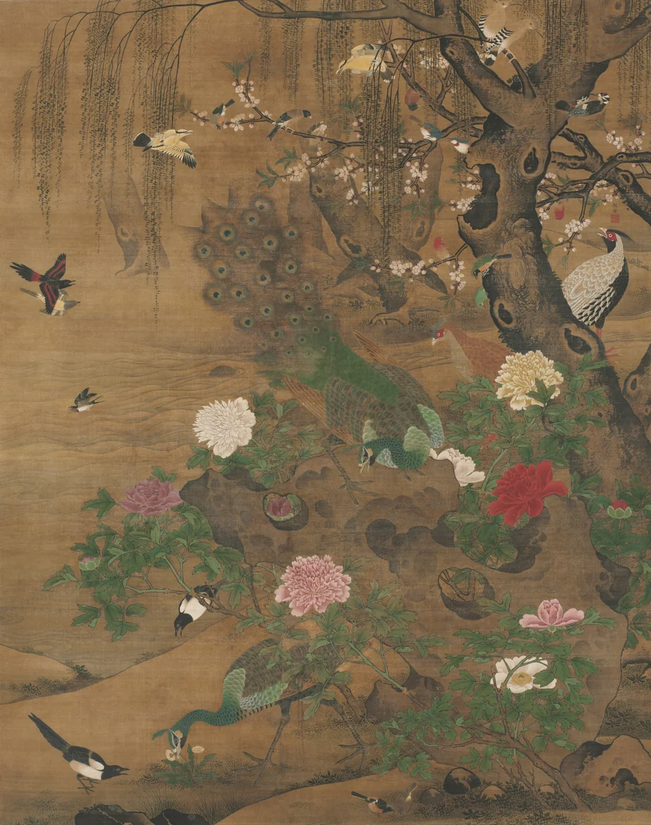 Birds Gather under the Spring Willow by Yin Hong, painting, 1480-1510