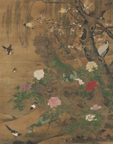 Birds Gather under the Spring Willow by Yin Hong, painting, 1480-1510