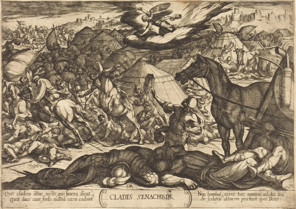 The Exterminating Angel Vanquishing the Army of Sennacherib by Antonio Tempesta, print, 1613