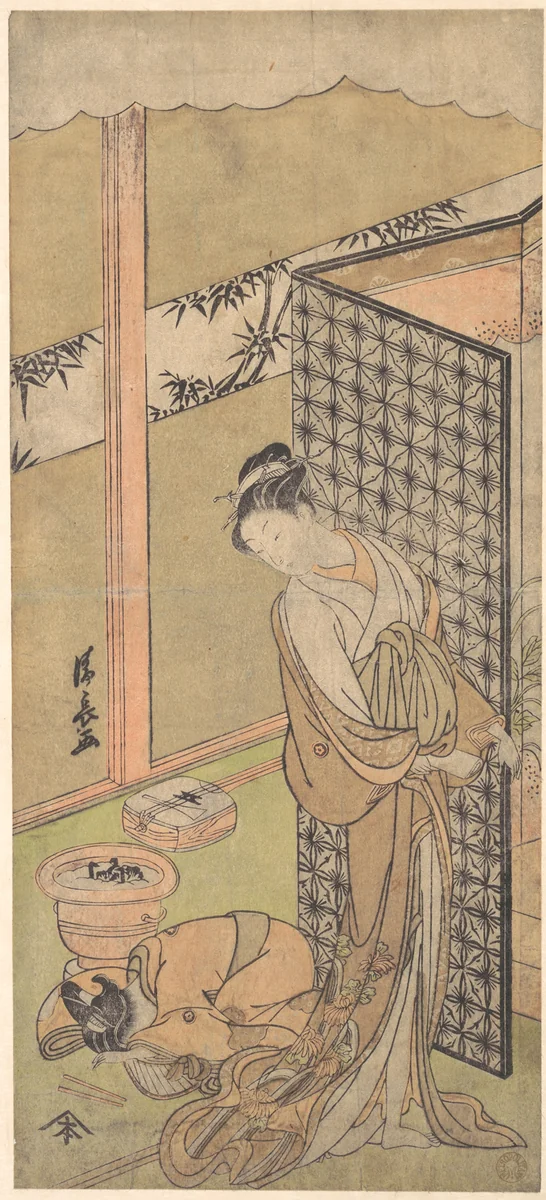 An Oiran in Night Attire, pausing, with one Hand on the Screen that Surrounds Her Bed by Torii Kiyonaga (鳥居清長), print, 1760-1780