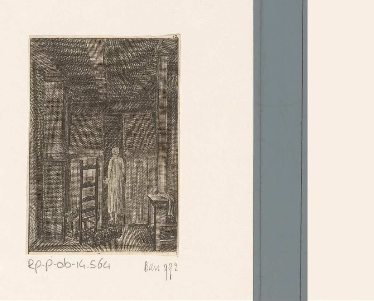 Yorick moet zijn kamer delen met een onbekende vrouw by Daniel Nikolaus Chodowiecki, print, 1783