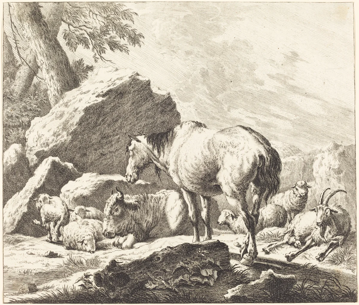 A Horse, Buffalo, Sheep, and Goat in an Italian Landscape by Johann Elias Ridinger
Johann Heinrich Roos, print, 1748
