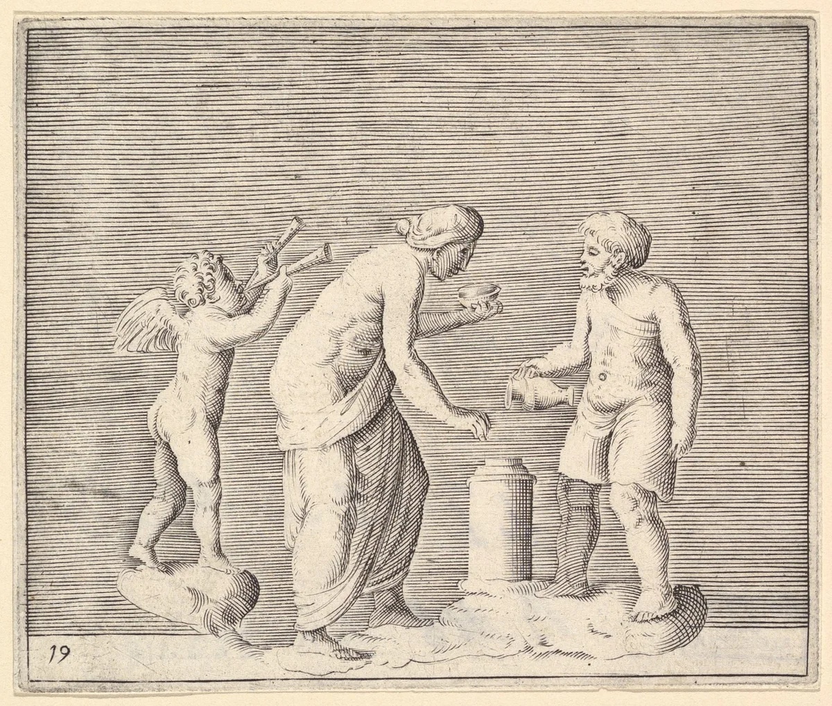 A Woman and Man Sacrificing in the Presence of Cupid, from "Ex Antiquis Cameorum et Gemmae Delineata/ Liber Secundus/et ab Enea Vico Parmen Incis" by anonymous, print, 1599-1622