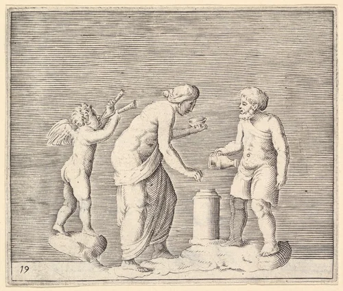 A Woman and Man Sacrificing in the Presence of Cupid, from "Ex Antiquis Cameorum et Gemmae Delineata/ Liber Secundus/et ab Enea Vico Parmen Incis" by anonymous, print, 1599-1622