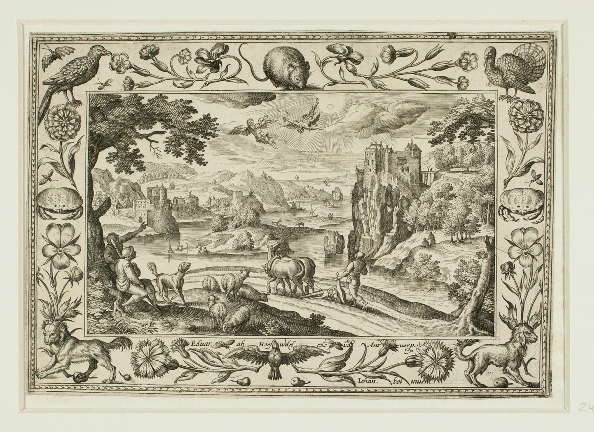 The Fall of Icarus, from Landscapes with Old and New Testament Scenes and Hunting Scenes by Adriaen Collaert, print, 1584