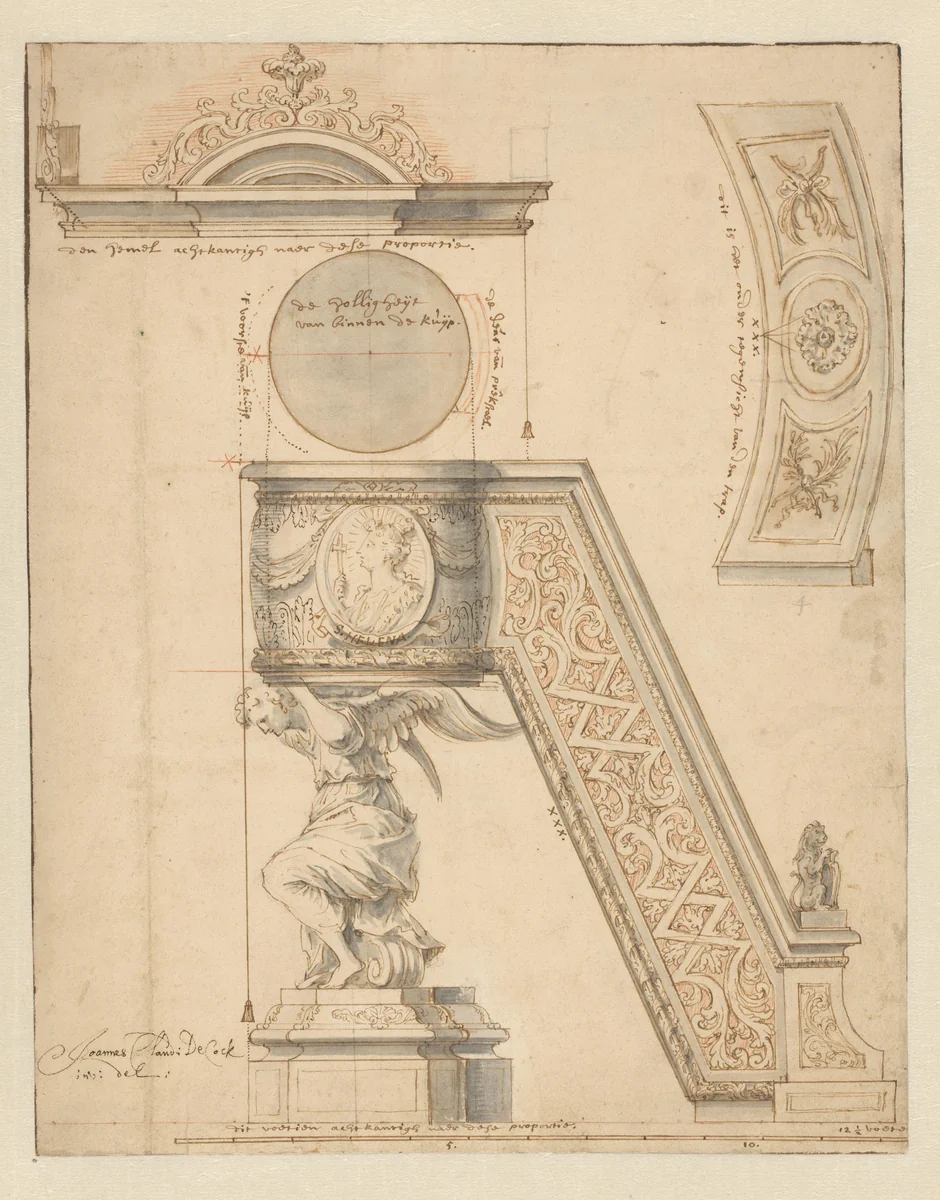 Ontwerp voor een preekstoel by Jan Claudius de Cock, drawing, 1678-1736