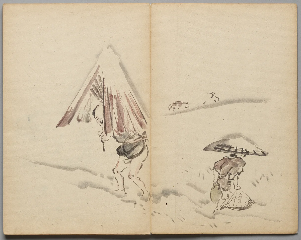 Figures in Snow from Sketch Album by Kawanabe Kyōsai (河鍋暁斎), book, 1855-1889