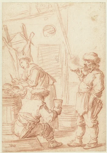Interieur van een slagerij met een vrouwelijke en twee mannelijke figuren by Pieter van den Bos, drawing, 1623-1663