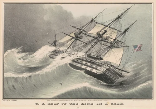 U.S. Ship of the Line in a Gale by Nathaniel Currier, print, 1847