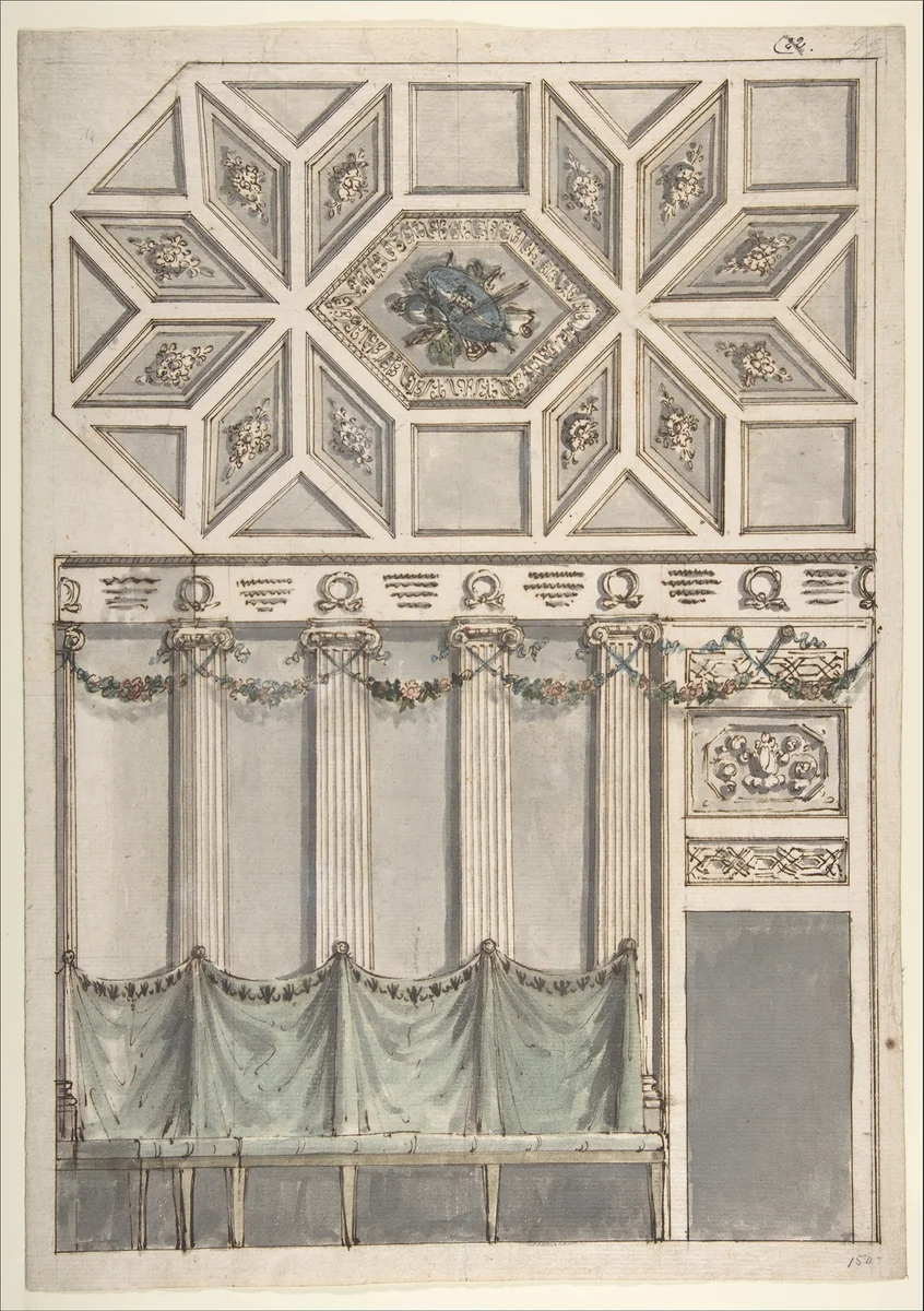 Framed Design for an Architectural Interior: Coffered Ceiling with Central Hexagonal Cartouche and Walls with Floral Ornament and Drapery. by Antonio Basoli, drawing, 1774-1839