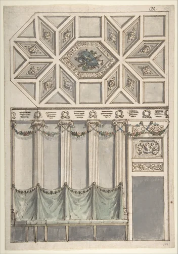 Framed Design for an Architectural Interior: Coffered Ceiling with Central Hexagonal Cartouche and Walls with Floral Ornament and Drapery. by Antonio Basoli, drawing, 1774-1839