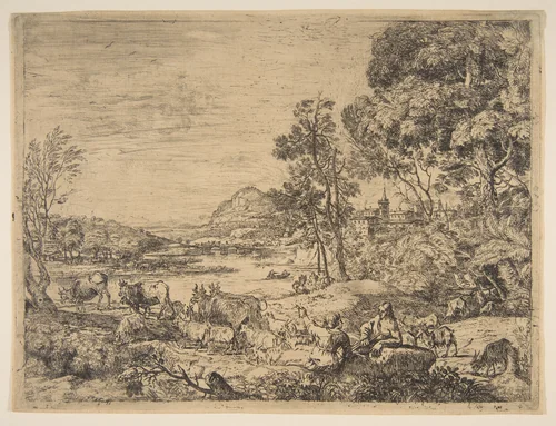 Shepherd and Shepherdess Conversing in a Landscape by Claude Lorrain, print, 1646-1656
