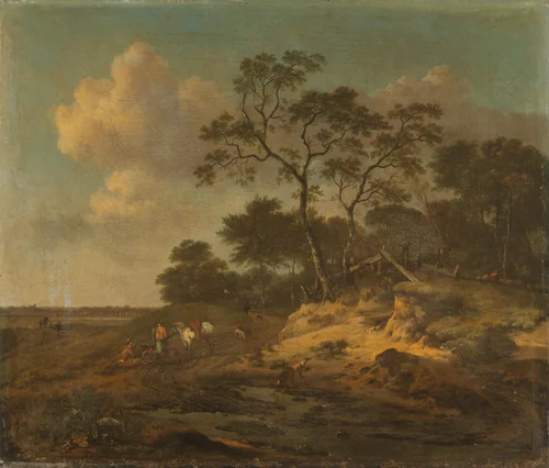 Dune Landscape with Hunters Resting by Jan Wijnants, painting, 1655-1684