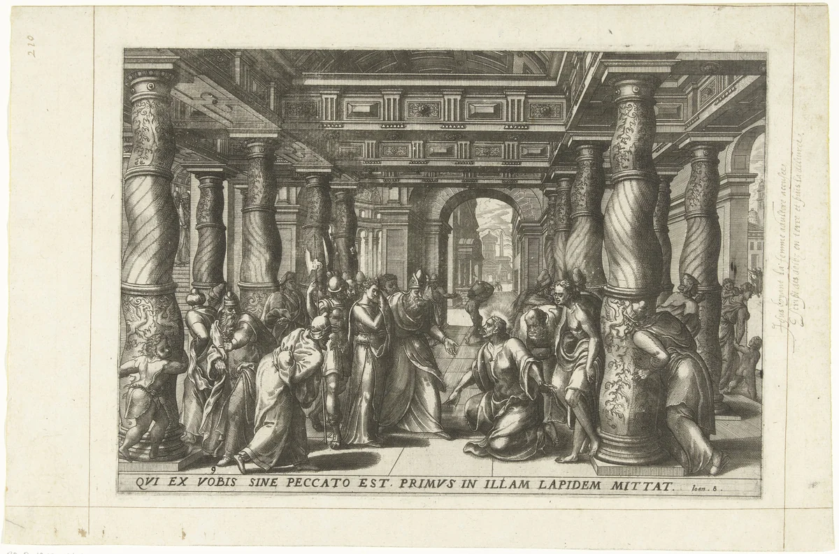Christus en de overspelige vrouw by Lucas van Doetechum, print, 1572