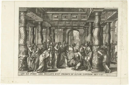 Christus en de overspelige vrouw by Lucas van Doetechum, print, 1572