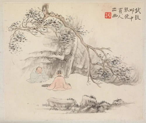 Album of Landscape Paintings Illustrating Old Poems: Listening to the Qin by Hua Yan, painting, 1745