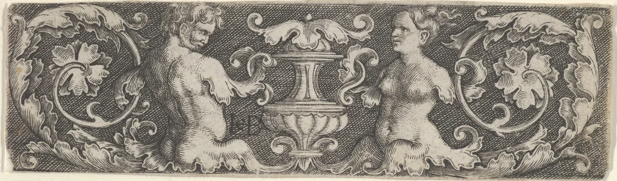 Horizontal Panel with a Half-Length Man and Woman Facing a Vase at Center by Jacob Binck, print, 1520-1561