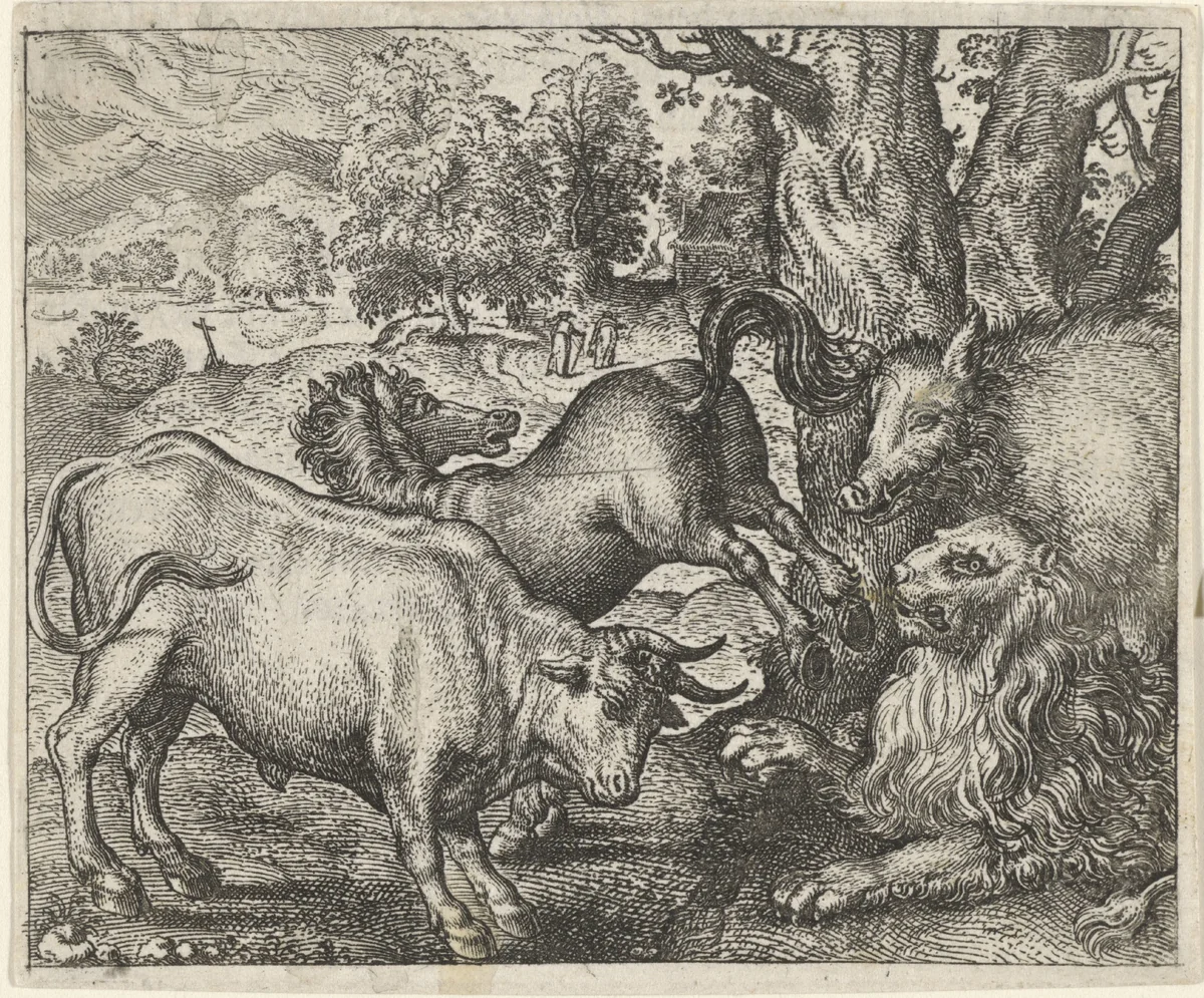Fabel van de oude leeuw by Aegidius Sadeler, print, 1608