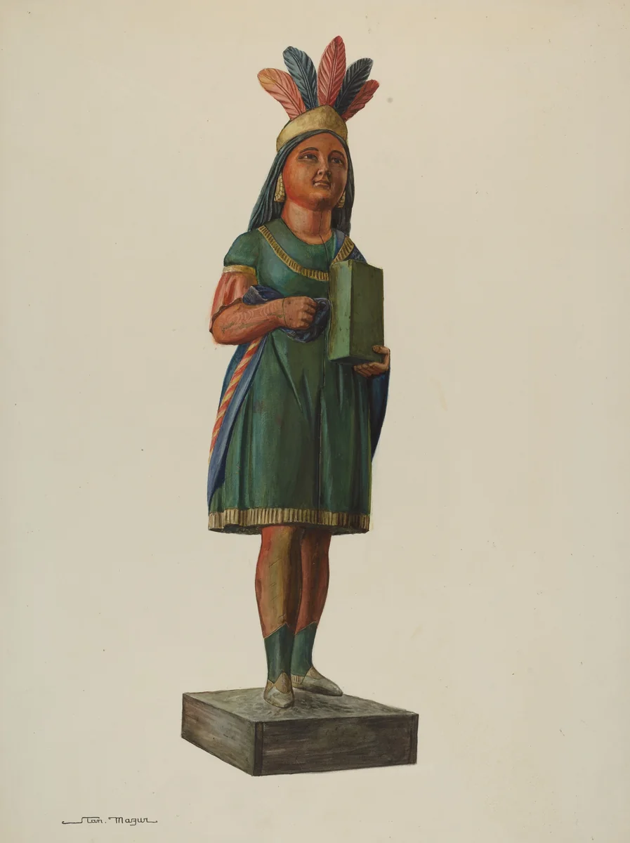 Wooden Pocahontas Store Figure by Stanley Mazur, index of american design, 1937