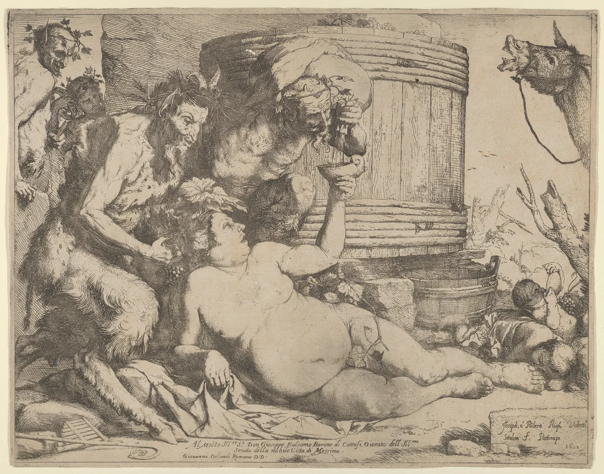The Drunken Silenus holding a cup aloft into which a Satyr pours wine by Jusepe de Ribera, print, 1628