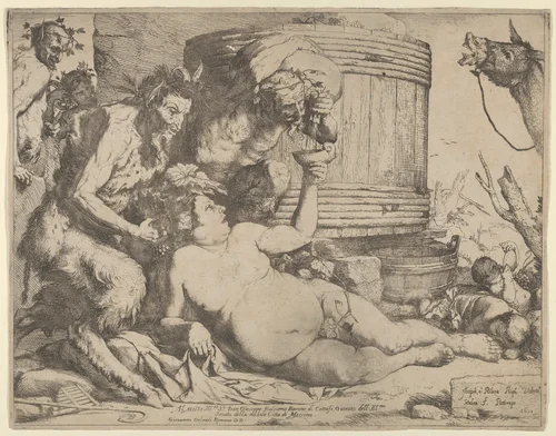 The Drunken Silenus holding a cup aloft into which a Satyr pours wine by Jusepe de Ribera, print, 1628