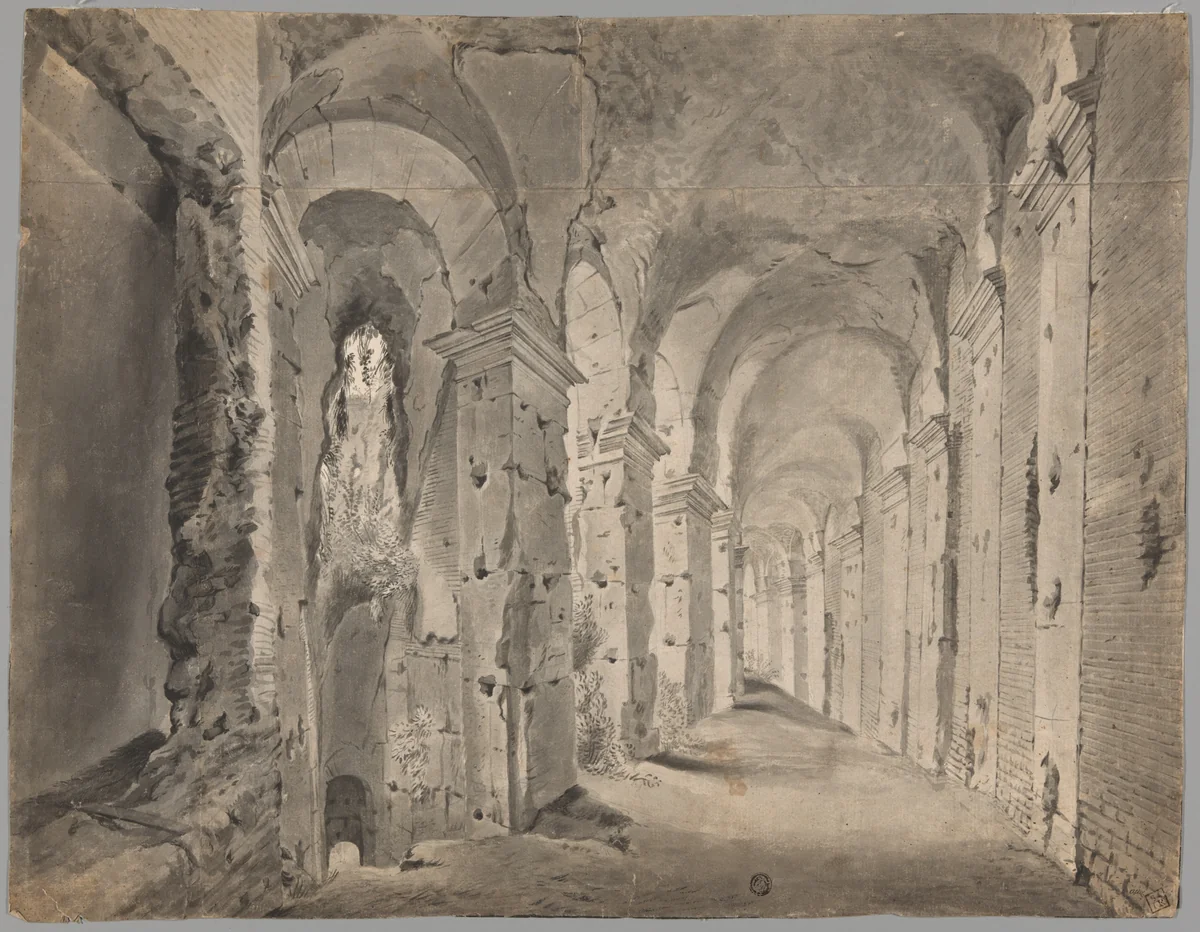 Large Ruined Portico or Corridor (recto); Sketches of a Draped Figure and Architecture (verso) by Paul Bril, drawing, 1595-1605