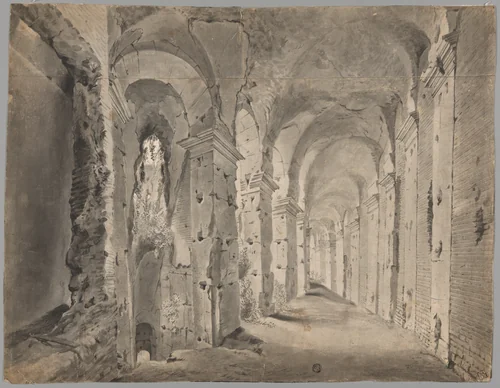 Large Ruined Portico or Corridor (recto); Sketches of a Draped Figure and Architecture (verso) by Paul Bril, drawing, 1595-1605