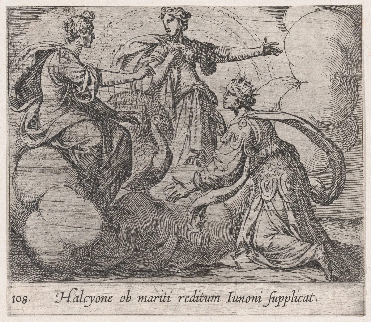Plate 108: Alcyone Offering Prayers to Juno (Halcyone ob mariti reditum Iunoni supplicat), from Ovid's 'Metamorphoses' by Antonio Tempesta, print, 1606