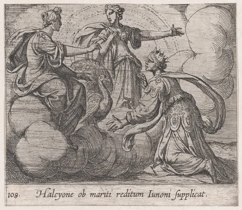Plate 108: Alcyone Offering Prayers to Juno (Halcyone ob mariti reditum Iunoni supplicat), from Ovid's 'Metamorphoses' by Antonio Tempesta, print, 1606