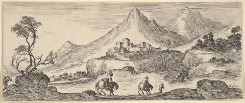 Two horsemen descend a hill in center, following another man on foot, a castle in the mountains in the center background, from "Various Landscapes" (Divers Paysages) by Stefano della Bella, print, 1636-1646