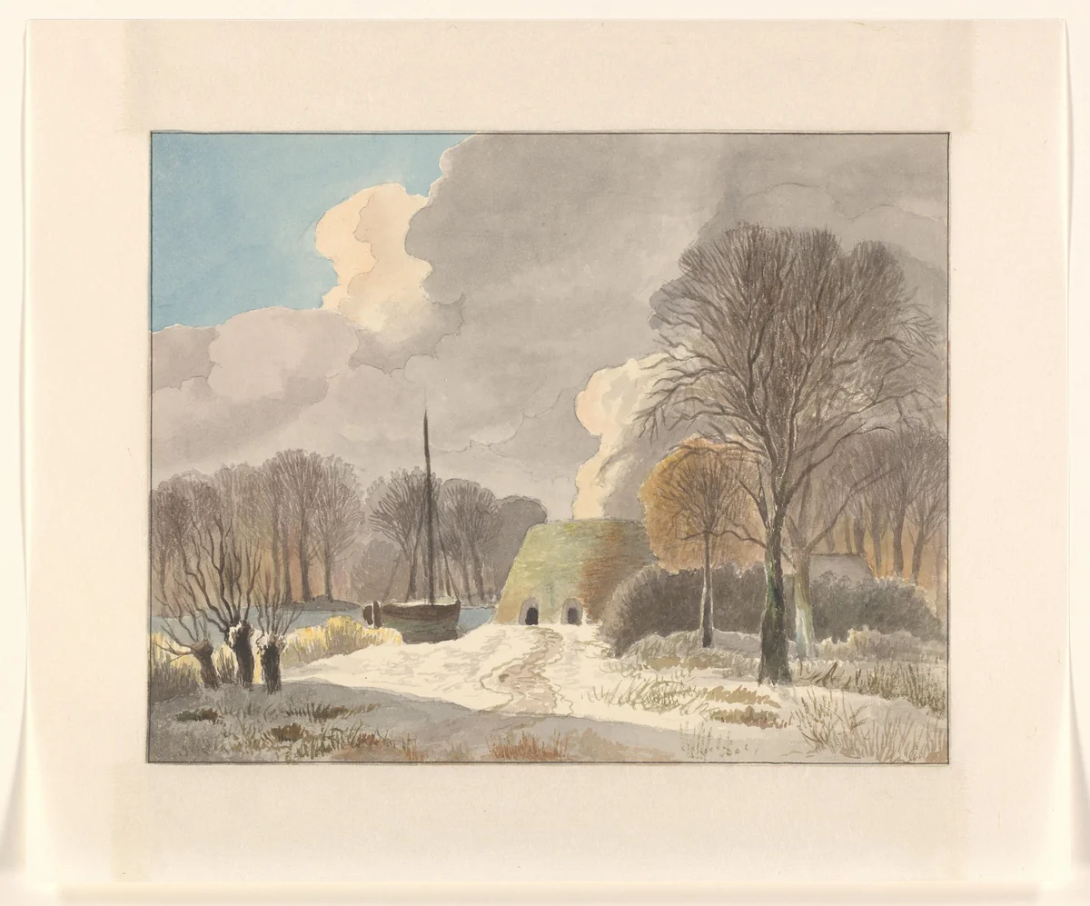 Winterlandschap met brandende kalkoven by Johannes van Reijn, drawing, 1800-1900