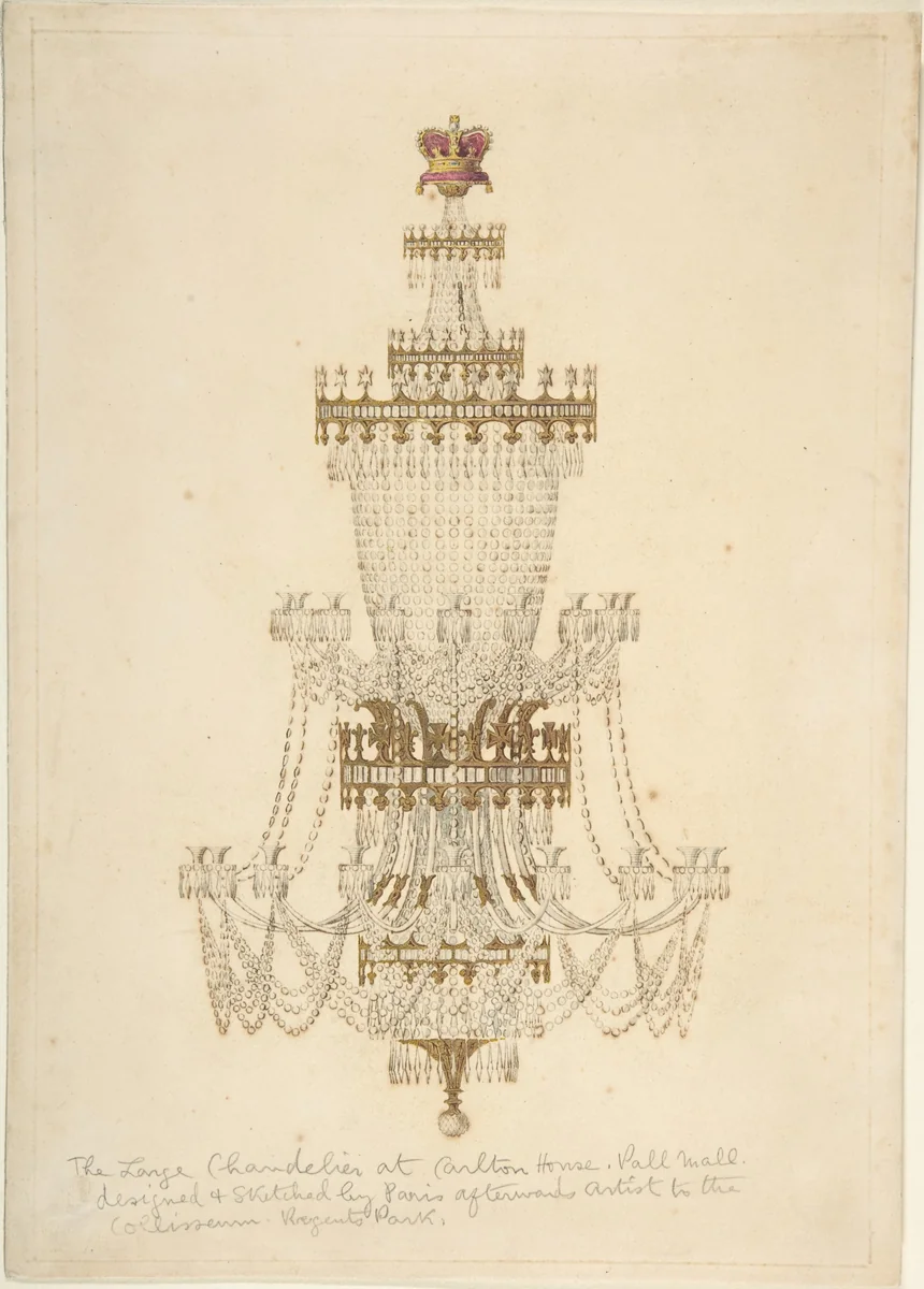 Large Chandelier at Carlton House, Pall Mall by Edmund Thomas Parris, drawing, 1800-1900