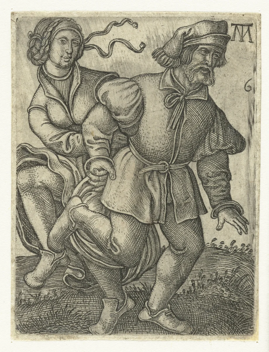 Dansend boerenpaar by Unknown, print, 1542