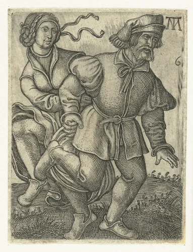 Dansend boerenpaar by Unknown, print, 1542