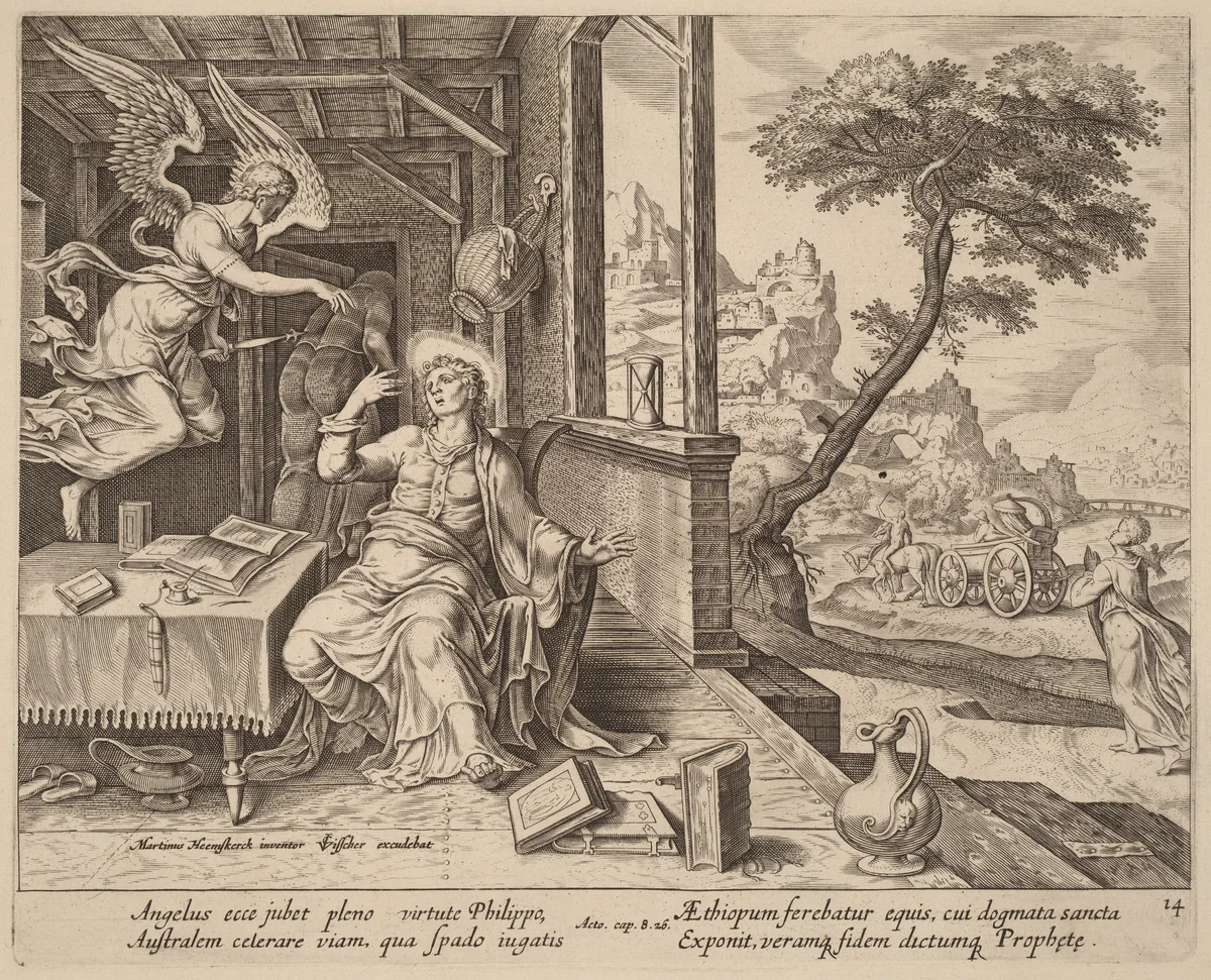 The Angel Orders Saint Philip to Accompany the Ethiopian Eunuch by Philip Galle, print, 1537-1612