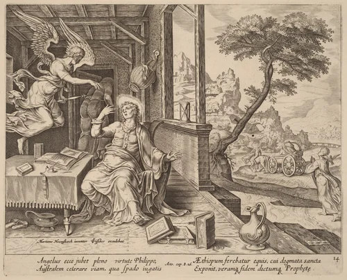 The Angel Orders Saint Philip to Accompany the Ethiopian Eunuch by Philip Galle, print, 1537-1612