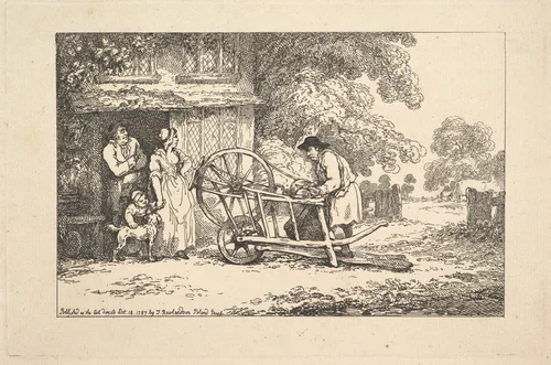A Travelling Knife-grinder at a Cottage Door by Thomas Rowlandson, print, 1787