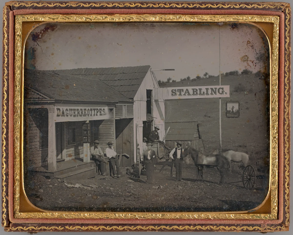 Untitled (Daguerreotype Studio and Russel & Co Livery Stable, Mokelumne Hill, California), by William L Zuber, photograph, 1852