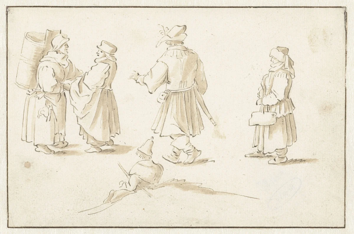 Twee marktvrouwen en drie andere personen by Herman Saftleven, drawing, 1619-1685