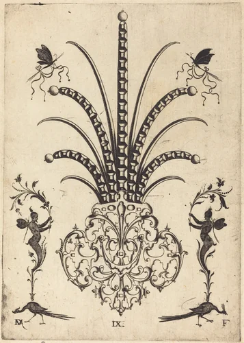 Brooch with Table-Stones, Butterflies at Top, and Peacocks and Hermes at Bottom by Daniel Mignot, print, 1596