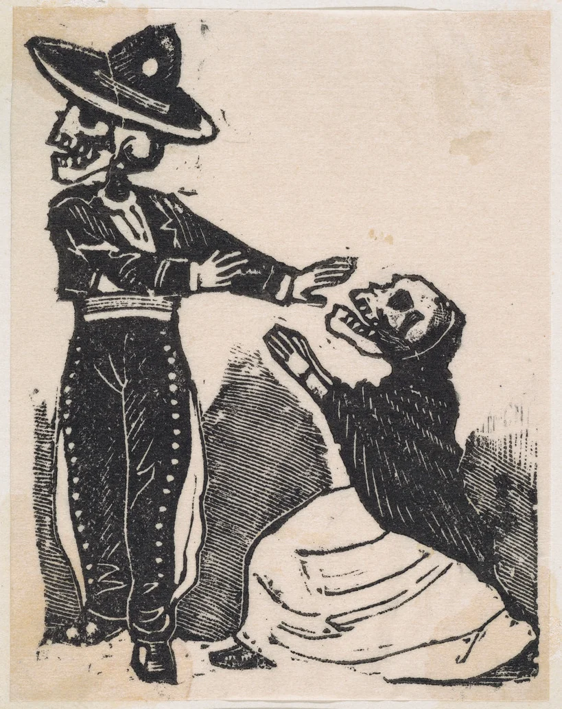 A skeleton in a torero costume turning away from a kneeling skeleton in a shawl and dress, from the broadside "El gran panteón amoroso" by José Guadalupe Posada, print, 1889-1899