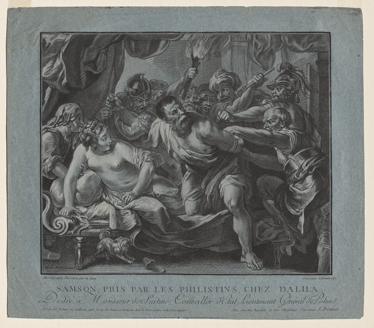 Samson Taken by the Philistines in Delilah's House by Louis Marin Bonnet, print, 1767