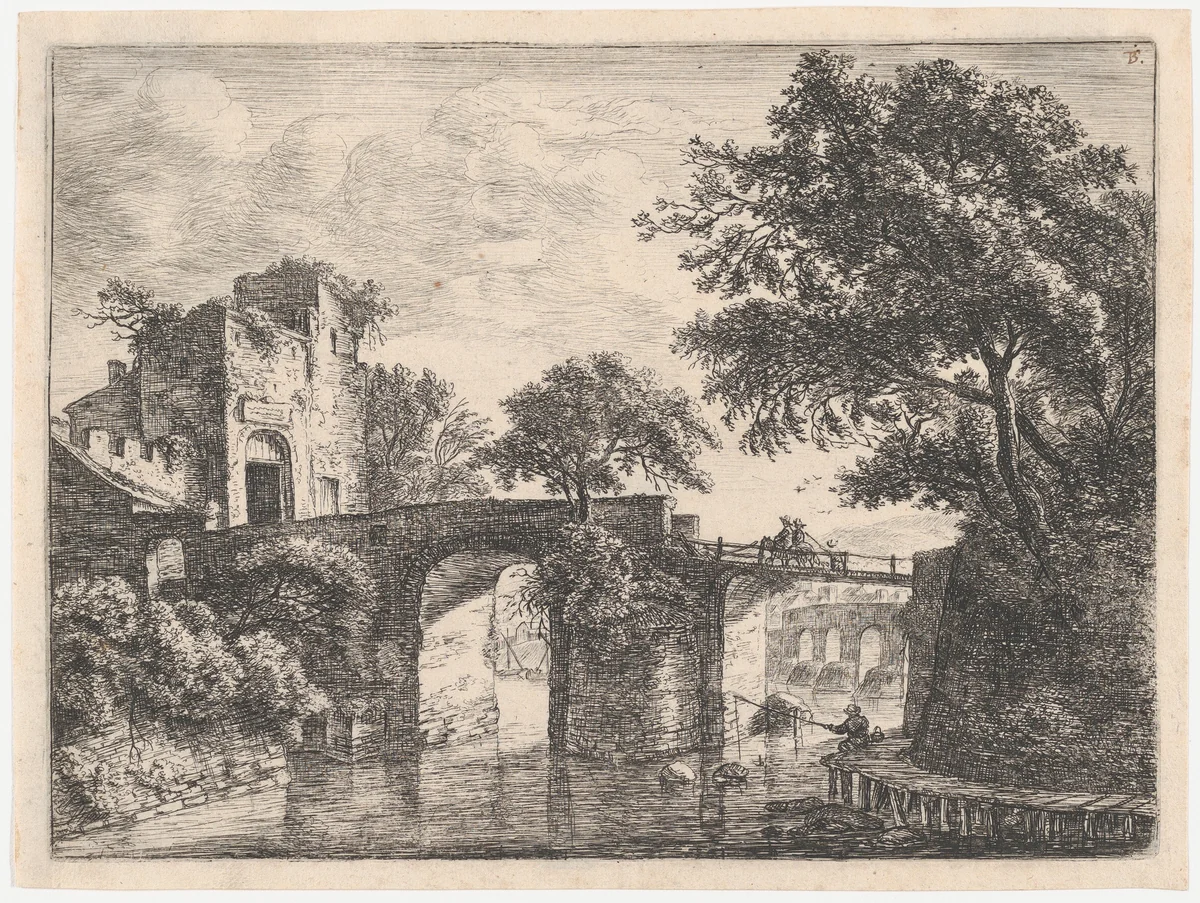 Two Stone Bridges by Anthonie Waterloo, print, 1620-1690