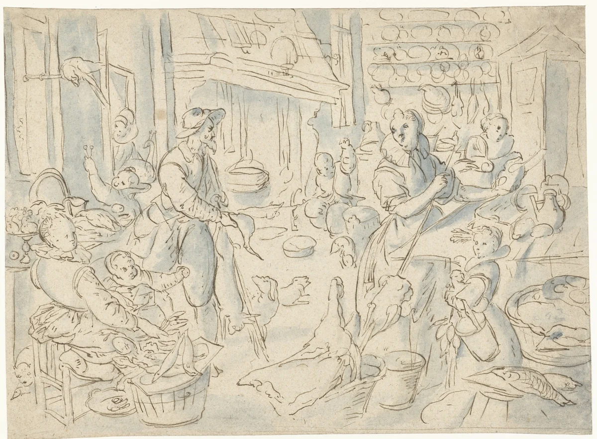 Keukenscène by anonymous, drawing, 1700-1799