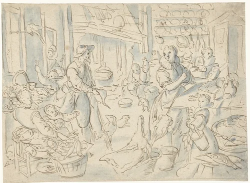 Keukenscène by anonymous, drawing, 1700-1799