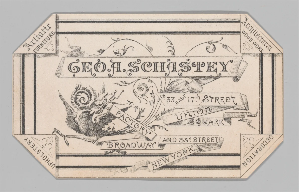 Trade card for George A. Schastey by John Harper Bonnell, artwork, 1876-1879