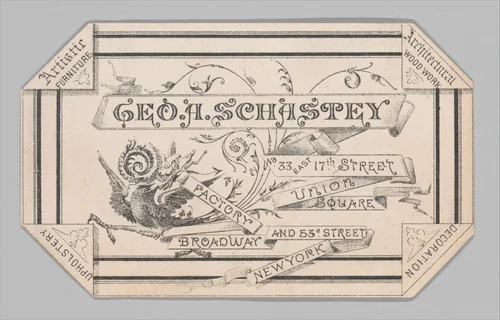Trade card for George A. Schastey by John Harper Bonnell, artwork, 1876-1879