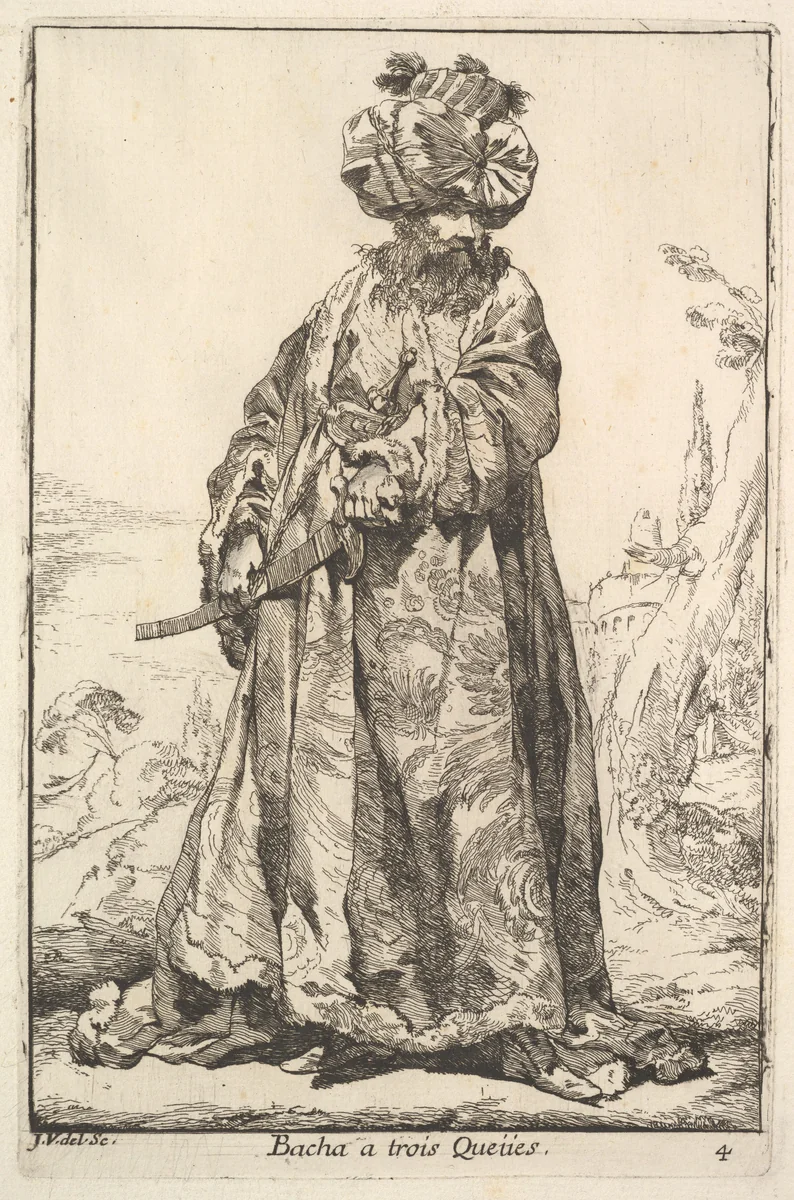 Pasha grasping a sword at his hip with both hands, from "Caravan of the Sultan to Mecca" (Caravane du Sultan à la Mecque) by Joseph-Marie Vien, print, 1716-1809
