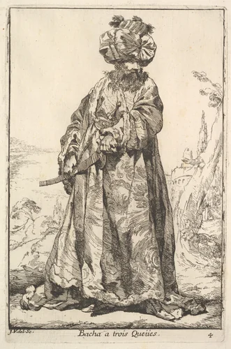 Pasha grasping a sword at his hip with both hands, from "Caravan of the Sultan to Mecca" (Caravane du Sultan à la Mecque) by Joseph-Marie Vien, print, 1716-1809
