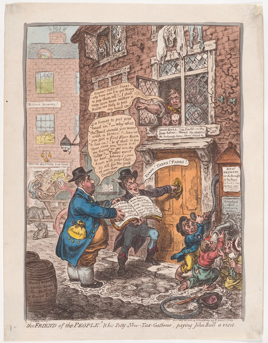 "The Friend of the People" & his Petty New Tax Gatherer, Paying John Bull a Visit by James Gillray, print, 1806